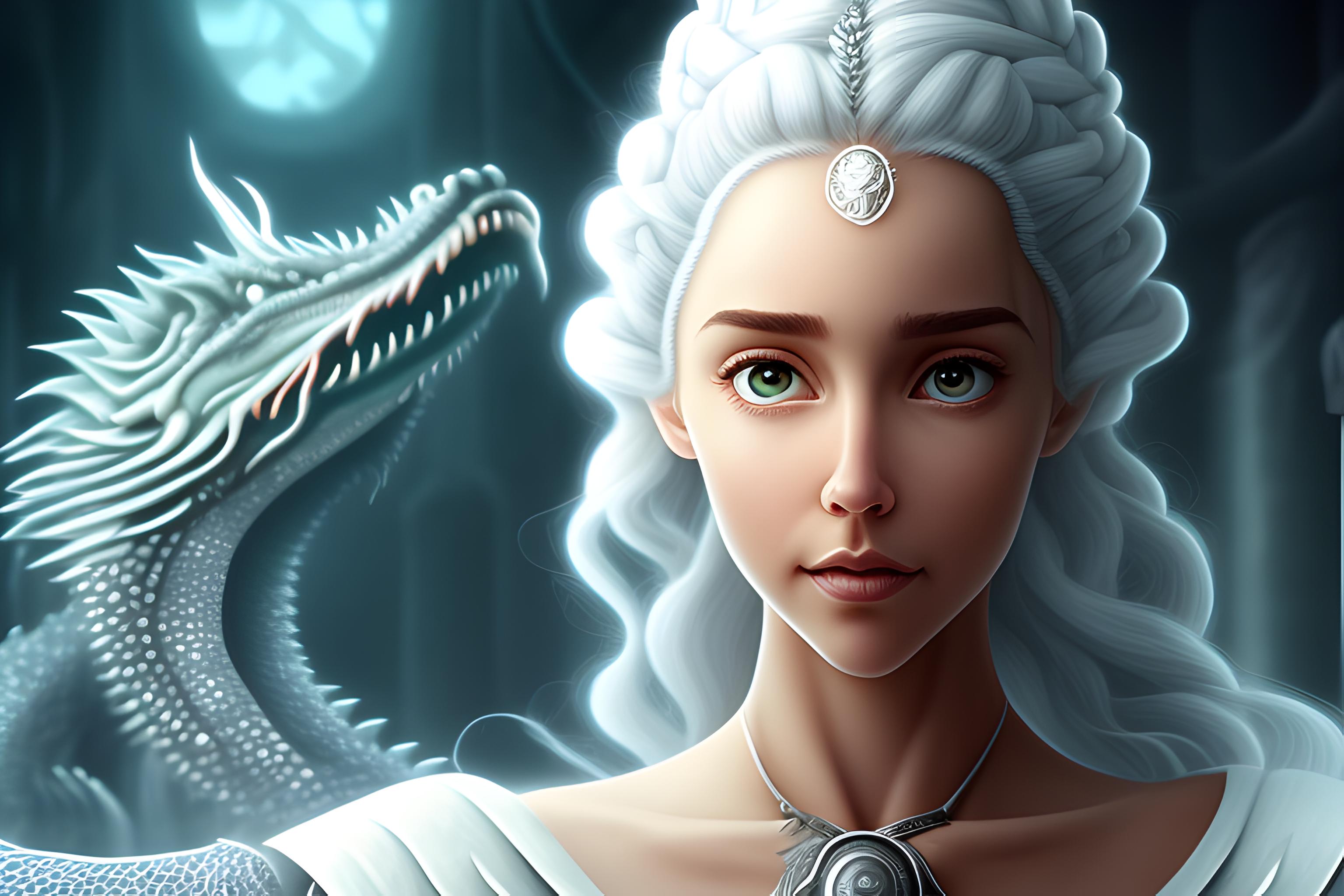Crea un fondo de pantalla épico y cinematográfico inspirado en el universo de *House of the Dragon*. La escena muestra a **Rhaenyra Targaryen** de pie sobre un terreno oscuro y rocoso, mirando hacia el cielo con una expresión de asombro, determinación y poder. Su cabello plateado se mueve con fuerza debido al viento y su vestimenta tiene un aspecto medieval, elegante y digno de una reina Targaryen.
En lo alto del cielo se encuentra su enorme dragón, volando majestuosamente entre nubes oscuras. El dragón debe verse imponente, detallado y amenazador, con sus enormes alas completamente extendidas. Está **lanzando una gran llamarada de fuego hacia abajo**, iluminando las nubes, el paisaje y parcialmente a Rhaenyra con una intensa luz naranja y roja. 